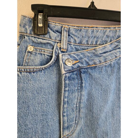 Topshop MOTO Asymmetrical Raw Hem Denim Mini Skirt Blue High Waist Size 0 - Picture 3 of 10